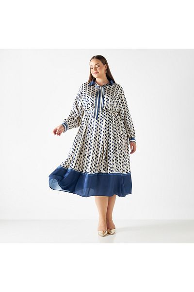 FAV Plus Size All-Over Print Dress with Tie-Ups and Long Sleeves