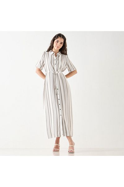 FAV Striped Shirt Dress with Drawstring Tie-Ups and Short Sleeves