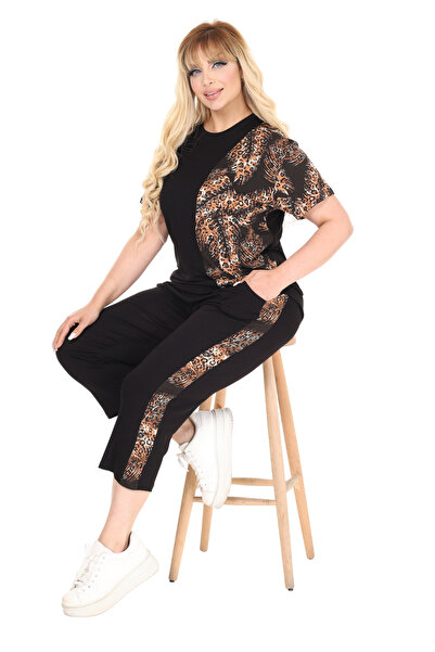 MELSAY Дамски черен комплект с къс ръкав и мотиви на шипове