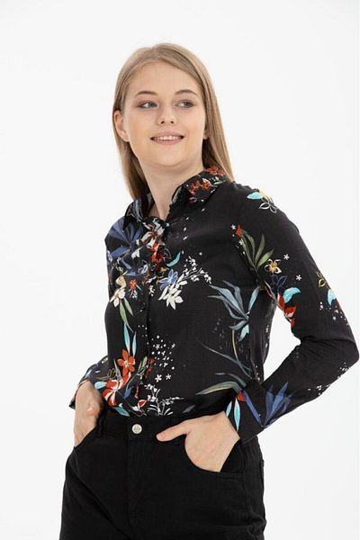 Cassime Cămașă neagră cu imprimeu floral din viscoză - pliată și cu nasturi