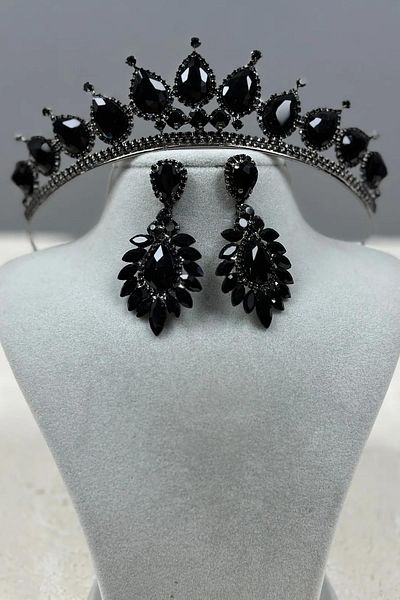 Hayalperest boncuk Neri Model Wedding Henna Costume Crown and Drop Shuttle Earrings Set Black