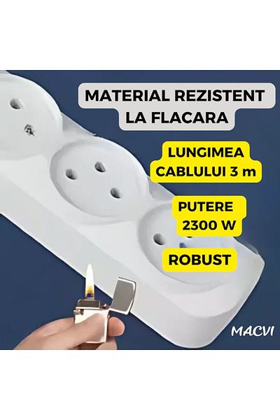 MACVI Prelungitor Macvi® 3 Prize 3m 2300W Contact Protectie Cablu 3x1mm² Intrerupator Siguranta
