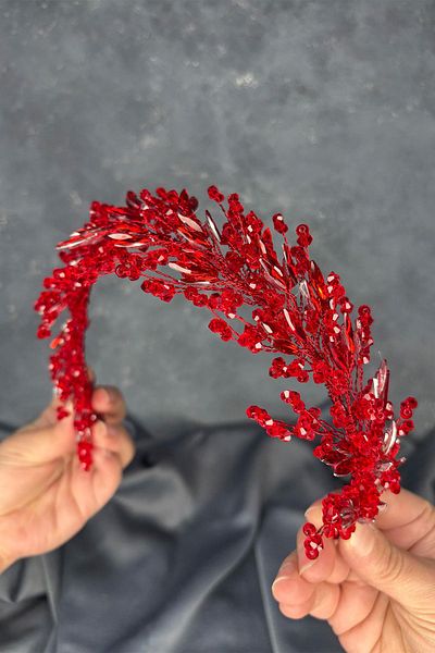 Hayalperest boncuk Red Hera Crystal Beaded Bridal Henna Crown Hair and Turban Accessory