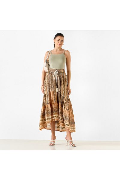 FAV All-Over Print Midi Skirt with Drawstring Closure and Asymmetrical Hemline