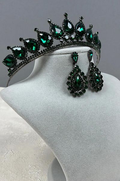 Hayalperest boncuk Neri Model Wedding Henna Costume Crown and Shuttle Earrings Set Green