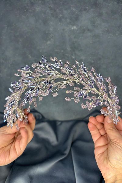 Hayalperest boncuk Lilac Hera Crystal Beaded Bridal Henna Crown Hair and Turban Accessory