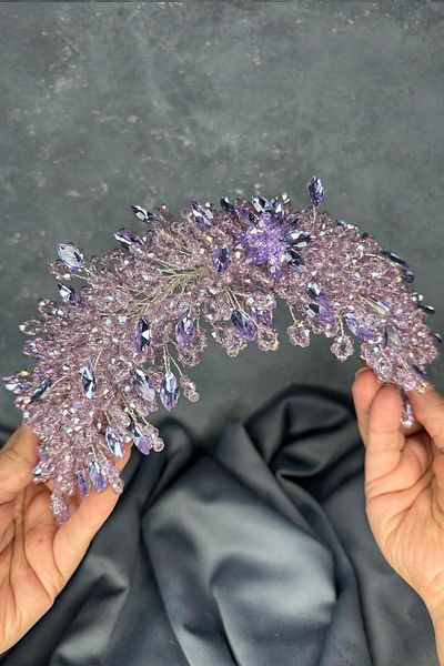 Hayalperest boncuk Lilac Elena Intense Beaded Bridal Crown Hair and Turban Accessory