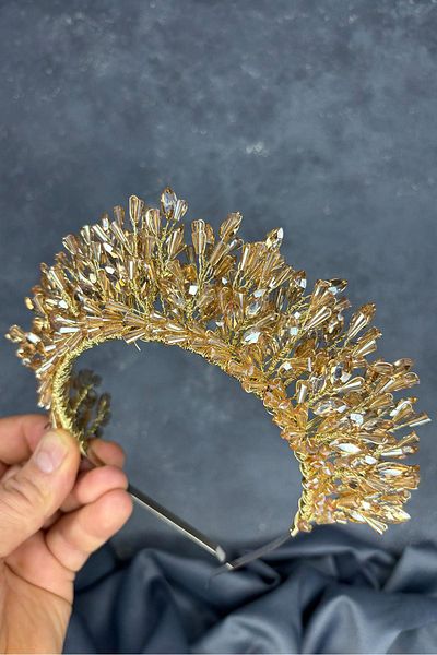 Hayalperest boncuk Honey Color Maria Intense Embroidered Crystal Bridal Henna Crown Hair Accessory