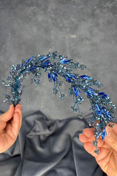 Hayalperest boncuk Indigo Blue Hera Crystal Beaded Bridal Henna Crown Hair and Turban Accessory