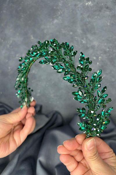 Hayalperest boncuk Emerald green laurel bridal crown hair and turban accessory