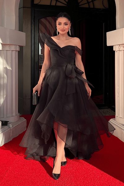 giyimmasalı Βραδινό Φόρεμα Organza Fabric Layered - ΜΑΥΡΟ
