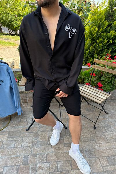 Tarz Cool Ανδρικό πουκάμισο με μαύρο γιακά με κουμπιά 100% λινό κεντημένο