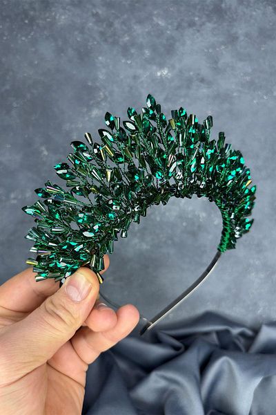 Hayalperest boncuk Emerald Green Maria Intensely Embroidered Crystal Bridal Henna Crown Hair Accessory