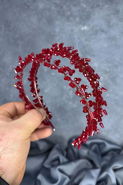 Hayalperest boncuk Burgundy Sare Model Double Row Bridal Henna Crown Hair Accessory