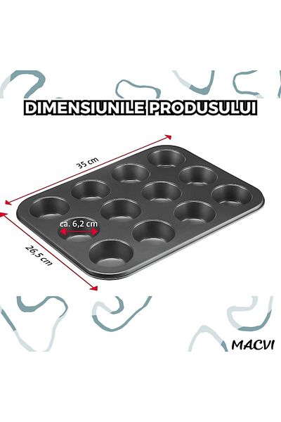 MACVI Tava Briose Macvi® Antiaderenta Otel Carbon 12 Compartimente Gri Rezistenta Termica Uniforma
