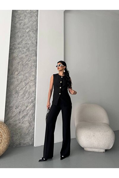 ZF BUTİK Set de pantaloni de damă, de sus, de jos, cu detaliu cu nasturi, set de două piese