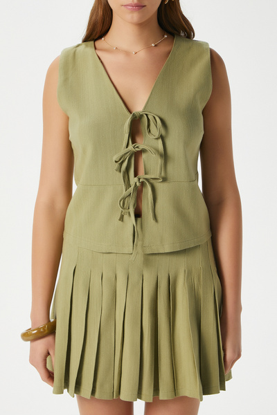 Ritnice Women's Zera Linen Cotton Khaki Vest Waist Elastic Skirt Bottom Top Set