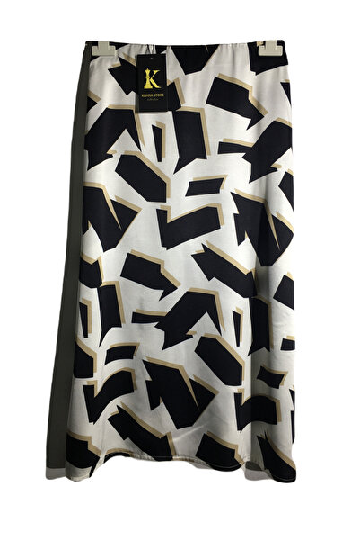 Kahra Collection تنورة ساتان متوسطة الطول بنقشة هندسية مقاس 78 سم