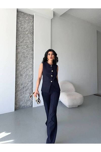 ZF BUTİK Damen-Unter-Oberteil-Set, stilvolles, detailliertes Weste-Hosen-Zweiteiler-Set mit Knöpfen