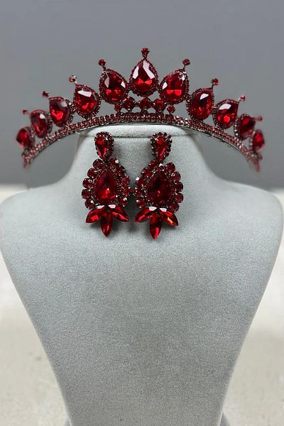 Hayalperest boncuk Neri Model Wedding Henna Costume Crown and Shuttle Drop Earrings Set Red