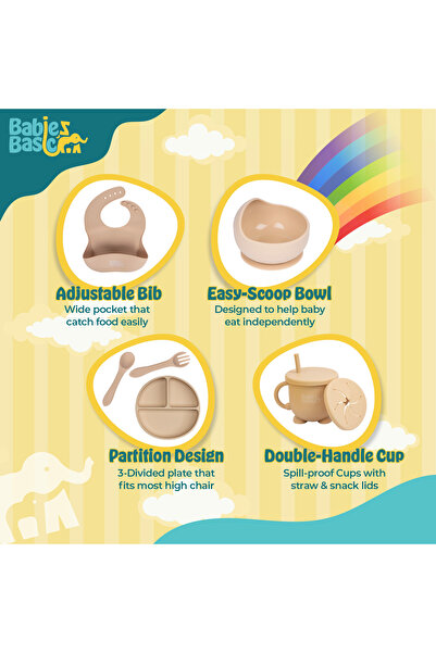 Babies Basic BabiesBasic Feeding Set, 6 Piece, Silicone Plate, Bowl, Bib, Spoon , Fork and 2 in 1 Cup - Beige