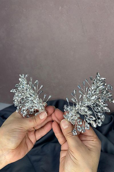 Hayalperest boncuk Silver Gray Selis Double Sided Bridal Henna Crown Hair Accessory