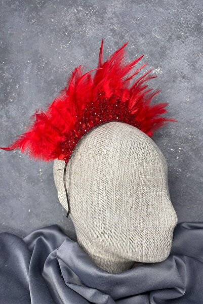 Hayalperest boncuk Arden bridal henna crown with red feather crystal beads