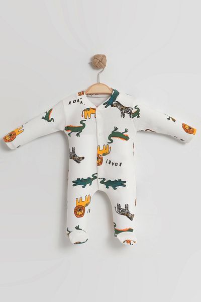 LOGO AKSESUAR Baby Boy Newborn Animal Printed Snap Fastener Combed Cotton Long Sleeve Jumpsuit