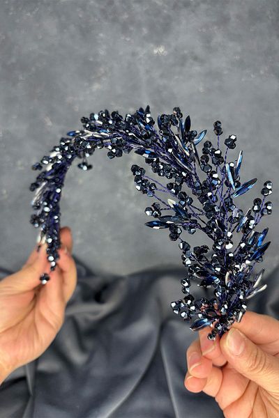Hayalperest boncuk Navy Blue Hera Crystal Beaded Bridal Henna Crown Hair and Turban Accessory