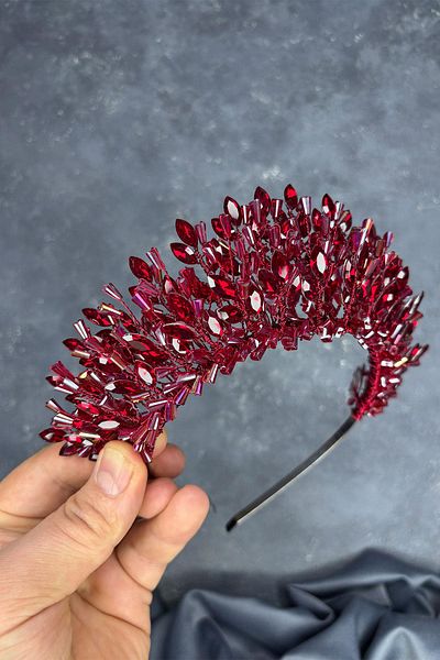 Hayalperest boncuk Burgundy Maria Intensely Embroidered Crystal Bridal Henna Crown Hair Accessory