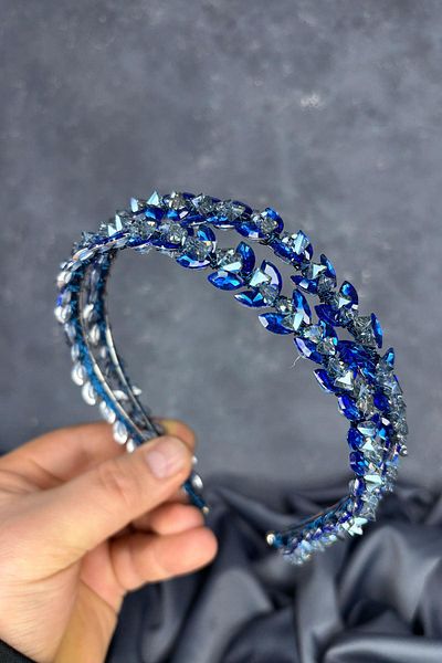 Hayalperest boncuk Indigo blue double row rhinestone lea bridal hair accessory bridal henna crown