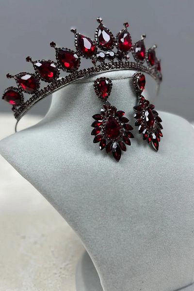 Hayalperest boncuk Neri Model Wedding Henna Costume Crown and Shuttle Earrings Set Red