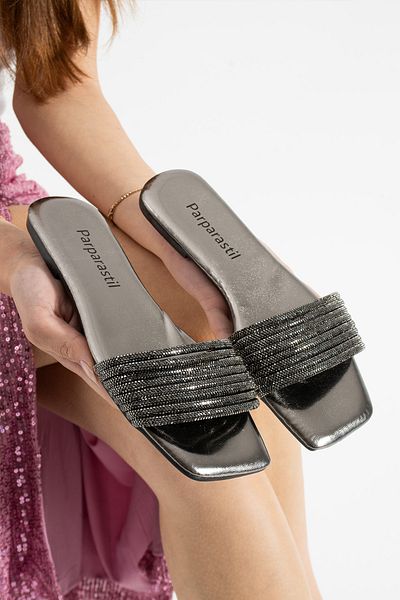 Parparastil Ulky Platinum Stone Detailed Daily Evening Dress Women's Slippers
