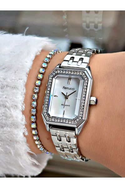 Ferrucci Silver Color Square Stone Model Women's Wristwatch + Bracelet