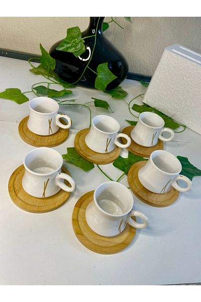 CeM Porselen 12 Pieces Bamboo Plate Luxury Boiler Model White Colored Coffee Cup for 6 People