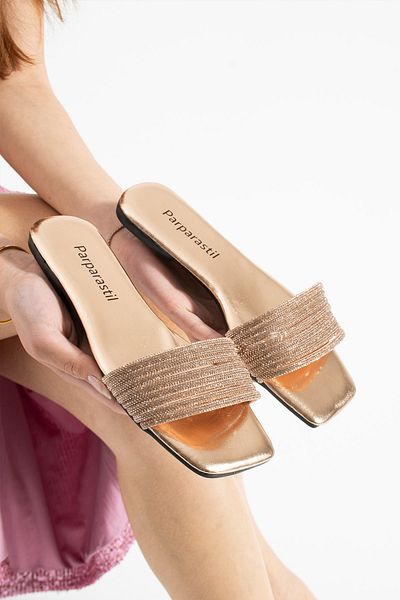 Parparastil Ulky Beige Stone Detailed Daily Evening Dress Women's Slippers
