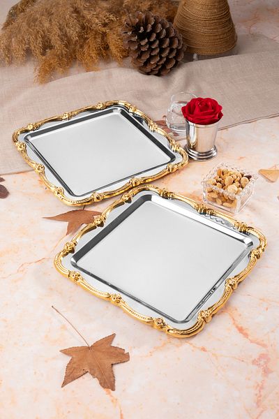 NEWTREND Züccaciye 2-Piece Luxury Gold Cast Rose Framed Silver Square Engagement, Dowry, Coffee, Tea Presentation Service Tray