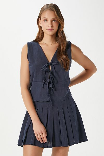 Ritnice Women's Zera Linen Cotton Navy Blue Vest Waist Elastic Skirt Bottom Top Set