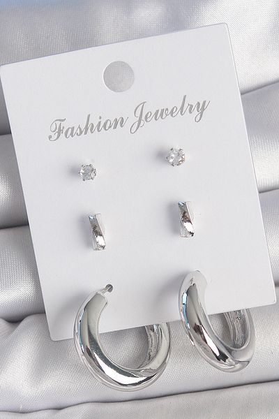 SeyCey.co Brass Silver Color Zircon Stone Detail Hoop Model 3 Pair Women's Earring Set