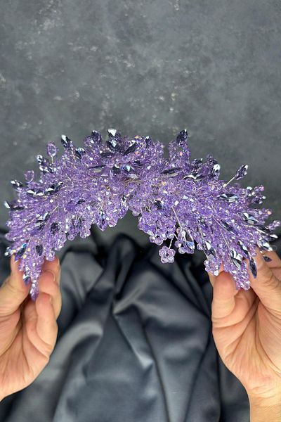 Hayalperest boncuk Dark Lilac Elena Intense Beaded Bridal Crown Hair and Turban Accessory