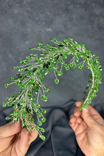 Hayalperest boncuk Light Green Hera Crystal Beaded Bridal Henna Crown Hair and Turban Accessory