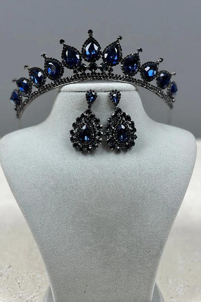Hayalperest boncuk Neri Model Wedding Henna Costume Crown and Shuttle Earrings Set Navy Blue