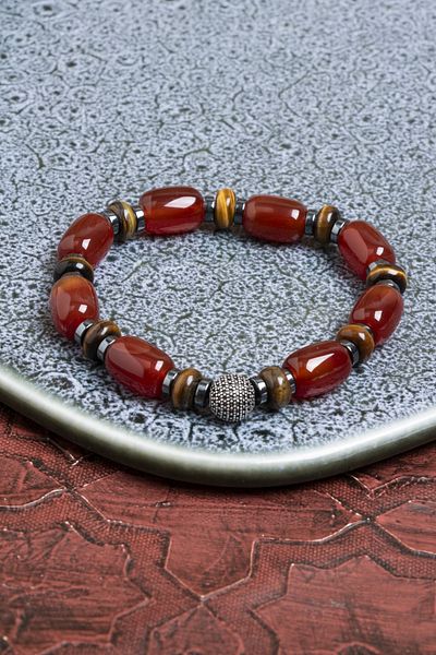 Saff Doğal Taş Certified Agate, Tiger Eye and Hematite Bracelet – with Silver Accessories