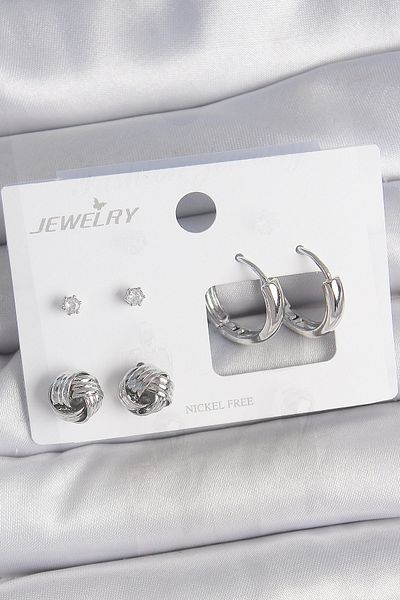 E BULURUM Brass Silver Color Zircon Stone Ring Model 3 Pair Women's Earring Set