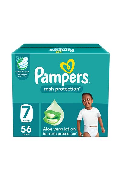 Pampers Rash Protection Taped Diapers, Size 7, 17+kg, 56 Count
