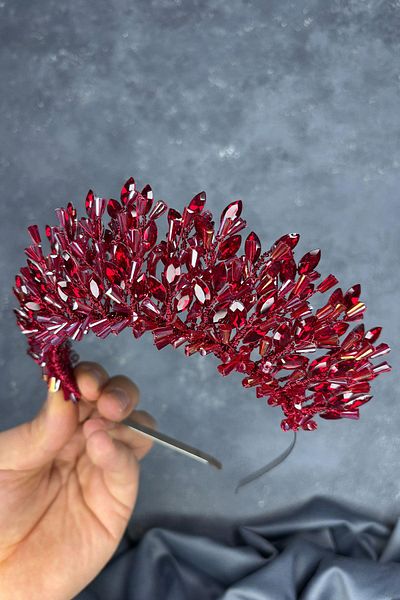 Hayalperest boncuk Burgundy Maria Intensely Embroidered Crystal Bridal Henna Crown Hair Accessory