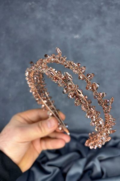 Hayalperest boncuk Rose Color Sare Model Double Row Bridal Henna Crown Hair Accessory