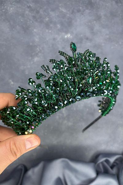 Hayalperest boncuk Emerald Green Livan Beaded Bridal Henna Crown Hair Accessory