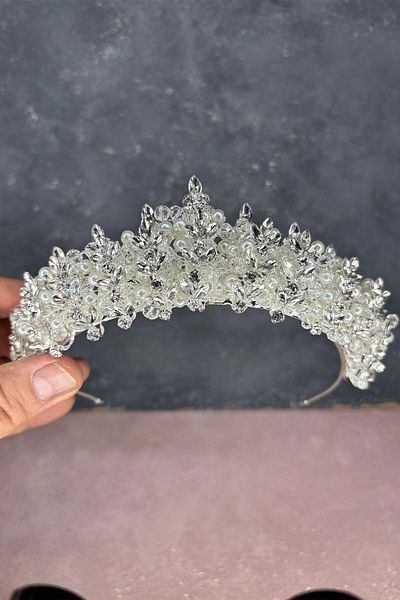 Hayalperest boncuk Pearl Cream Umay Bead Embroidered Bridal Henna Crown
