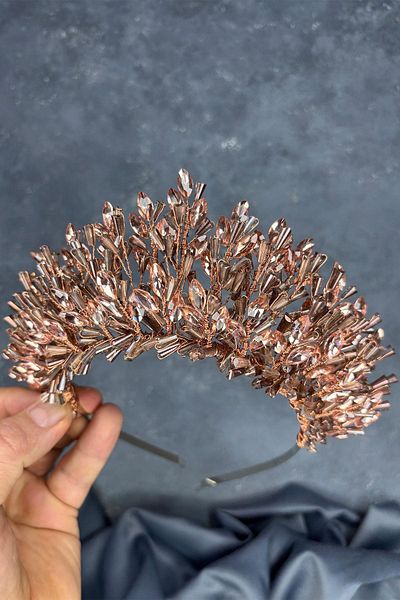 Hayalperest boncuk Rose Color Maria Intensely Embroidered Crystal Bridal Henna Crown Hair Accessory
